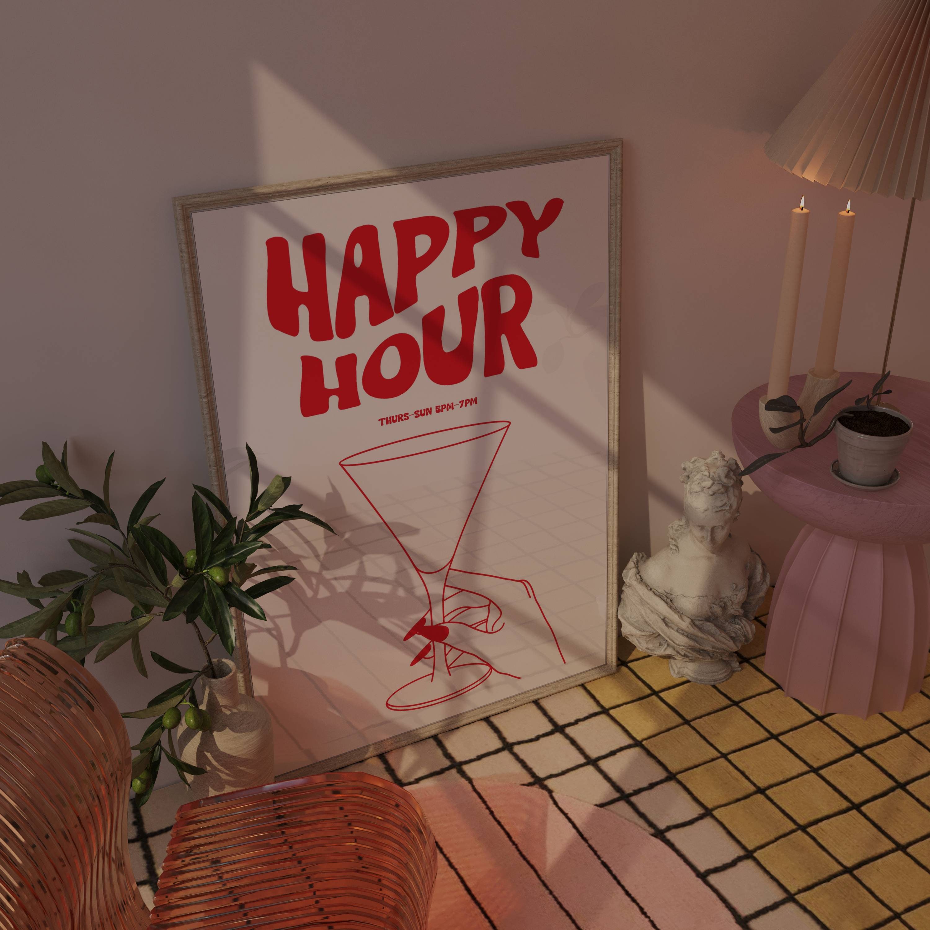 Happy Hour Wall Art Print, Bar Cart Art, Alcohol Poster, Bar Cart