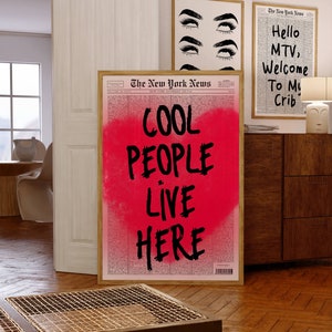 Cool People Live Here Gazeta Nagłówek Plakatu, Cytat Plakatu, Retro Bar Cart Wall Art, Wiadomości z Nowego Jorku, Okładka Magazynu Sztuka, Preppy Wall Art
