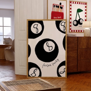 Cartel de arte Feeling Lucky 8 Ball, cartel de Lucky You, impresión vintage, arte de pared de los años 70, arte de carrito de bar retro, cartel blanco negro, impresión moderna de moda