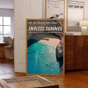 Póster de titular de periódico, Póster de barco, Arte de moda, Arte de pared de playa, Póster de casa de playa de verano, Póster oceánico, Impresión de verano de moda, Impresión de playa