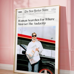 Modny plakat z nagłówkiem gazety, retro wózek barowy feministyczna sztuka ścienna, wydruk wiadomości z Nowego Jorku, sztuka okładek magazynów, sztuka Preppy, dziewczęca sztuka ścienna