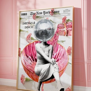 Plakat z nagłówkiem gazety Disco Drinks, sztuka ścienna Retro Bar Cart, wydruk okładki magazynu, plakat na modną imprezę, wydruk Disco Ball, dekoracja baru Cart