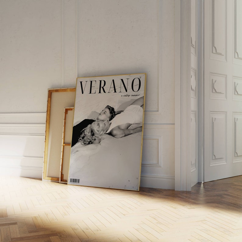 May include: A black and white magazine cover with the title "VERANO: a vintage summer" and a photo of a couple lying on a bed.