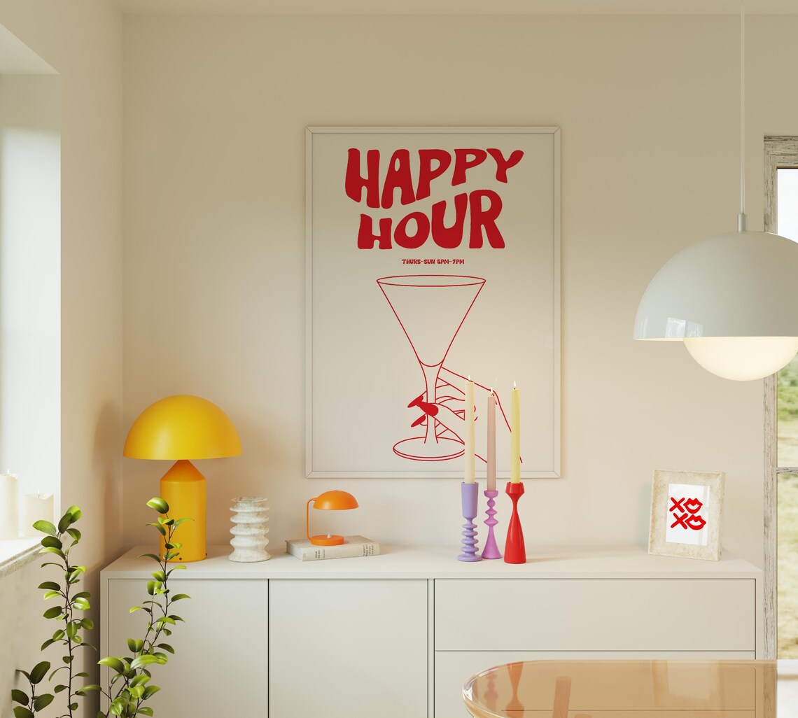 Happy Hour Wall Art Print, Bar Cart Art, Alcohol Poster, Bar Cart