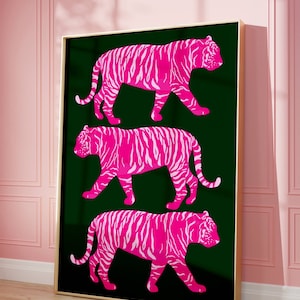 Tiger Painting Animal Print, Pink And Green Wall Art, Preppy Dorm Room Decor, Aesthetic Tiger Poster, Retro Trendy Maximalist Wall Art