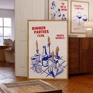 Dinner Party Poster, Happy Hour Wall Art, Dinner Party Club Print, Retro Bar Cart Art, Trendy Kitchen Print, Bar Cart Accessories, Bar Print