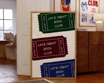 Late Night Book Club Ticket Print, Literary Wall Art (Digital Download)