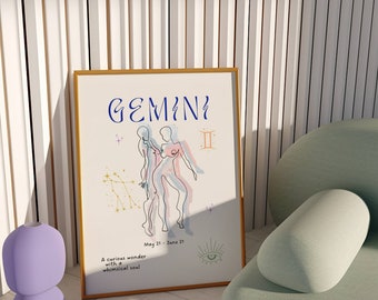 Trendy Gemini Zodiac Sign Print, Star Sign Poster, Celestial Spiritual Decor, Aesthetic Room Art, Zodiac Sign Wall Poster, Gemini Poster