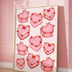 Taartmuurafdruk, harttaartkunst, snoepmuurkunst, dopamine muurkunst, preppy kamerdecor, pasteldecor, vintage voedselposter, roze en rode kunst