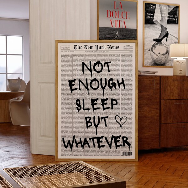 Not Enough Sleep But Whatever Print, Newspaper Poster, Quote Poster, New York News, Funny Office Print, Work Poster, Retro 70s Wall Art