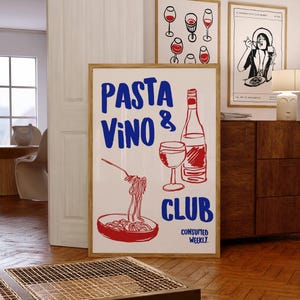 Impresión de pasta, póster de pasta, impresión de arte mural de pasta, decoración de cocina, póster de vino, impresión de vino, arte de carrito de bar retro, pósteres de vino, regalo para amantes del vino