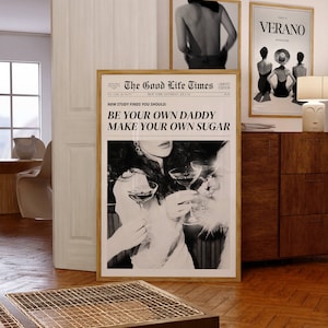 Bądź swoim własnym Sugar Daddy Gazeta Nagłówek Plakat, Retro Bar Cart Feminist Wall Art, Sztuka Okładki Magazynu, Manifestacja Druku, Wiadomości z Nowego Jorku