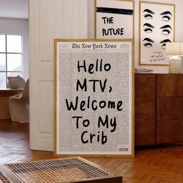 Póster de Hola MTV, Impresión de Bienvenido a mi casa, Póster de titular de periódico, Estética de apartamento, Arte de pared de moda, Impresión de MTV, Póster de tipografía retro