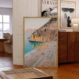 Cartel fuera de la oficina, impresión de pared retro de los años 70, impresión estética de playa, cartel de barco, impresión de lujo, arte de pared de moda, arte de pared de la casa de verano de moda