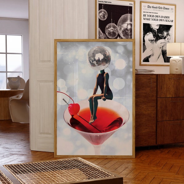 Cocktail Wall Art, Girl In Cocktail Glass, Funky Bar Cart Art, Disco Ball Poster, Alcohol Poster, Disco Ball Art, Liquor Print, Bar Cart Art