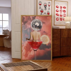 Arte de pared de cóctel, Chica en copa de cóctel, Póster de discoteca, Arte de carrito de bar, Póster de bola de discoteca, Póster de alcohol, Arte de carrito de bar retro, Impresión de licor