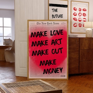 Make Love Make Art Quote Print, Retro Wall Art, Aesthetic Art, Trendy Wall Art, Red Wall Art, New York News, Printable Art, Newspaper Poster