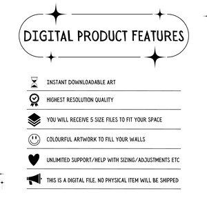 K&ouml;nnte beinhalten: Grafik mit digitalen Produktmerkmalen mit Symbolen und Text. Sofort herunterladbares Kunstwerk, h&ouml;chste Aufl&ouml;sungsqualit&auml;t, 5 Dateigr&ouml;&szlig;en, farbenfrohe Kunstwerke, unbegrenzter Support, digitale Datei, kein physischer Artikel wird versandt.