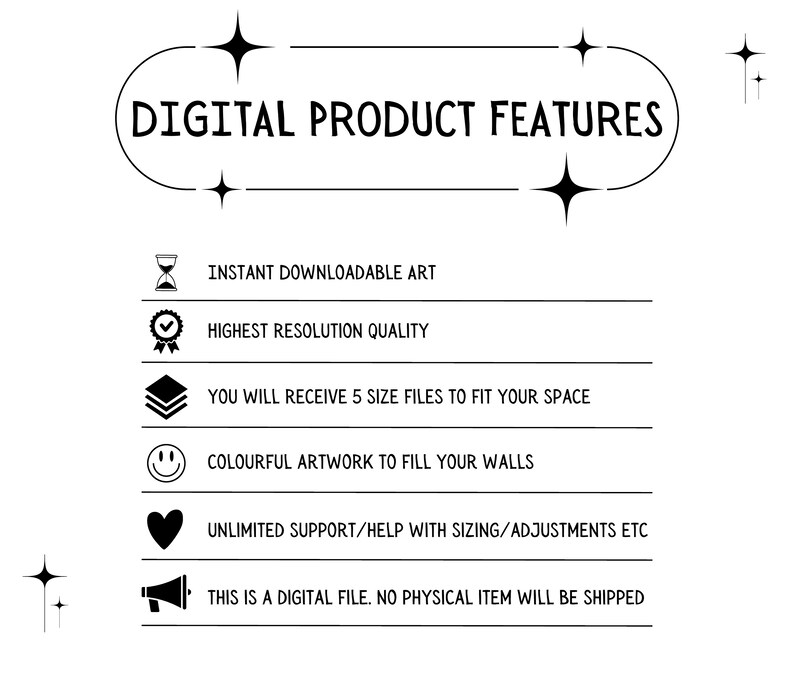 K&ouml;nnte beinhalten: Grafik mit digitalen Produktmerkmalen mit Symbolen und Text. Sofort herunterladbares Kunstwerk, h&ouml;chste Aufl&ouml;sungsqualit&auml;t, 5 Dateigr&ouml;&szlig;en, farbenfrohe Kunstwerke, unbegrenzter Support, digitale Datei, kein physischer Artikel wird versandt.