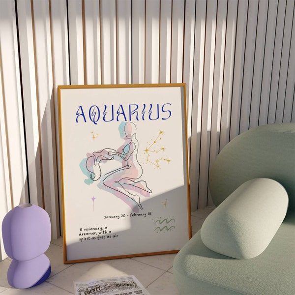 Trendy Aquarius  Zodiac Sign Print, Star Sign Poster, Celestial Spiritual Decor, Aesthetic Room Art, Zodiac Sign Wall Art, Aquarius Poster