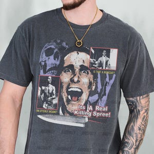American Movie Graphic T-Shirt, Retro Psycho Horror Movie Bootleg Shirt, Christian Bale Patrick Bateman Streetwear Tee Memorabilia
