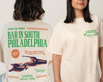 Paddy's Pub T-Shirt, Front Back It's Always Sunny in Philadelphia TV Show Merch Apparel, Funny Irish Bar St. Patrick's Day Graphic Tee