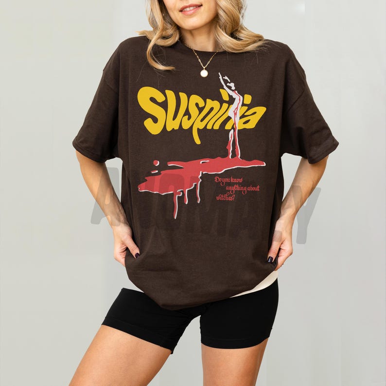 Vintage Suspiria 1977 horror movie t-shirt, retro 70s Italian horror movie suspiria movie poster graphic on oversized dark brown unisex shirt