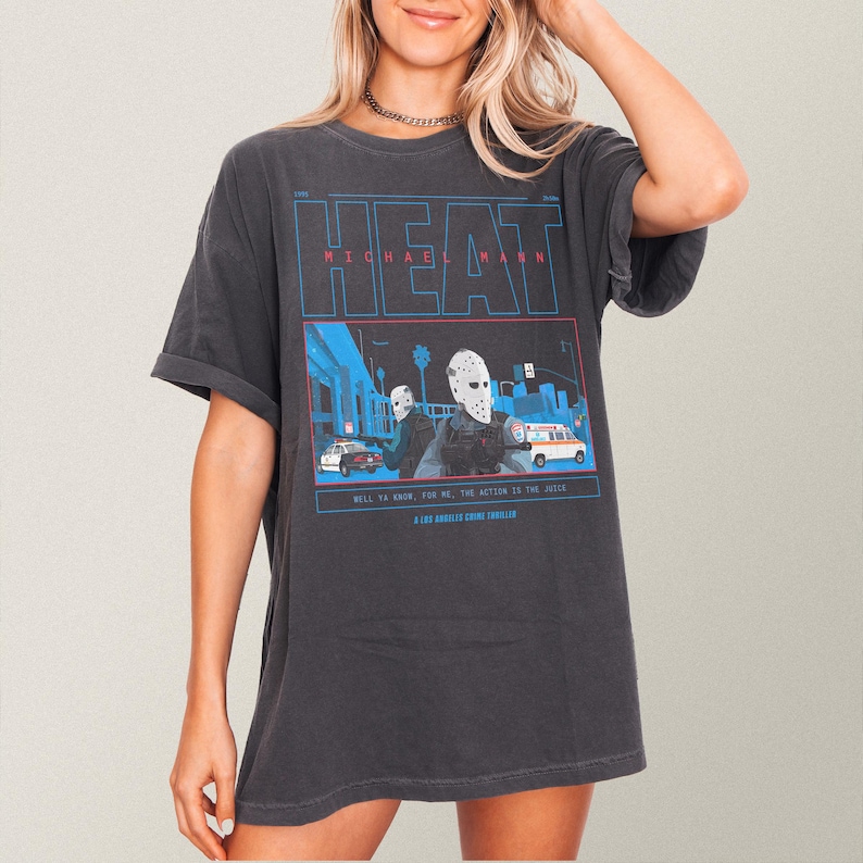 Heat 1995 Retro movie t-shirt, Vintage michael mann bank robbery movie Heat graphic tee on washed black off white t-shirt for men and women
