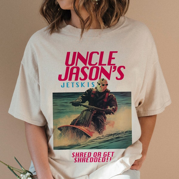 T-shirt drôle Jason Voorhees, t-shirt publicitaire vintage Jetskis de l'oncle Jason, chemise affiche de film d'horreur drôle Jason Voorhees style années 80