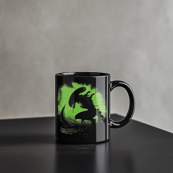 Alien Coffee Mug, Retro Black & Green Xenomorph Movie Collectible Cup
