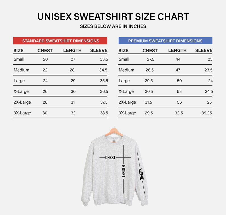 May include: A unisex sweatshirt size chart with dimensions in inches. The chart includes standard and premium sweatshirt dimensions, detailing chest, length, and sleeve measurements for sizes small to 3X-Large. A gray sweatshirt is displayed below the chart.