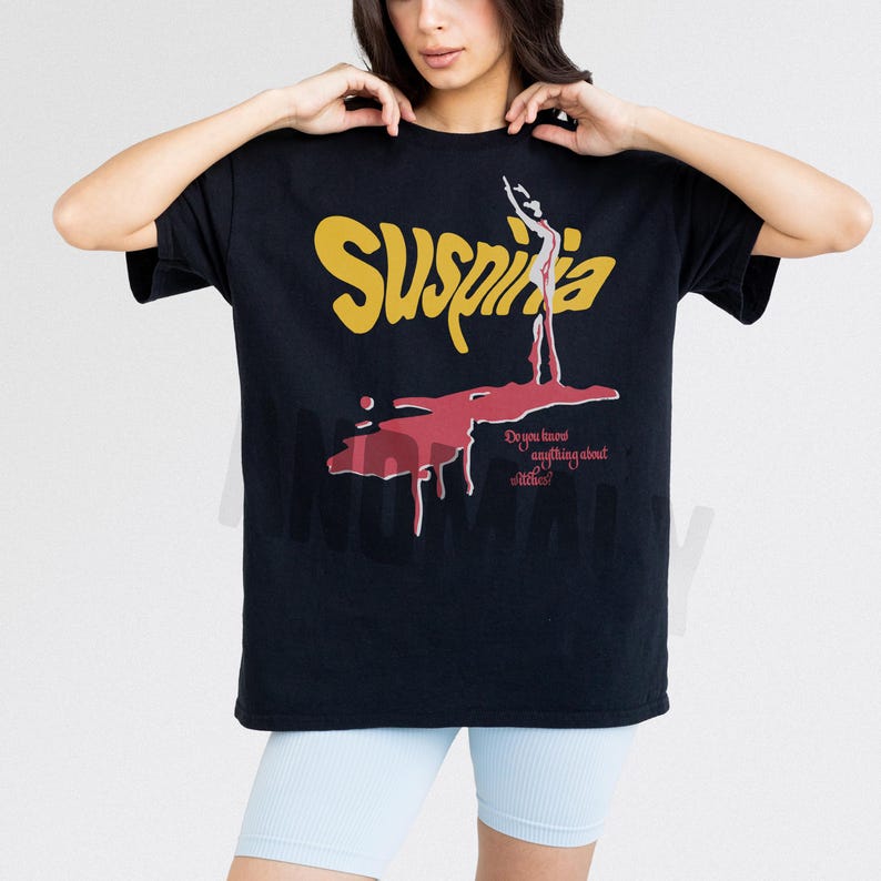 Vintage Suspiria 1977 horror movie t-shirt, retro 70s Italian horror movie suspiria movie poster graphic on oversized black unisex shirt