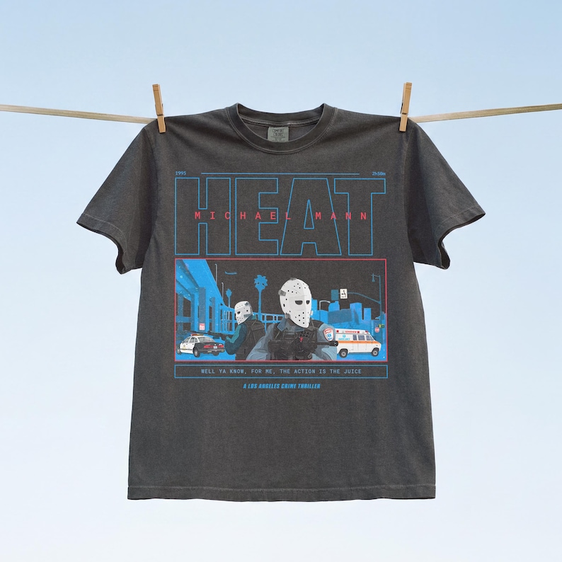 Heat 1995 Retro movie t-shirt, Vintage michael mann bank robbery movie Heat graphic tee on distressed black off white t-shirt for men and women