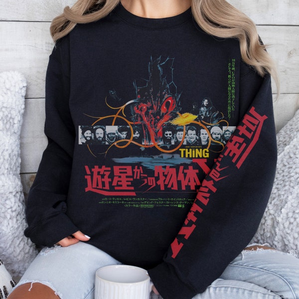 Retro The Thing Movie Sweatshirt, 80s Horror Film Japanese Poster with Sleeve Text Crewneck, John Carpenter Memorabilia Streetwear