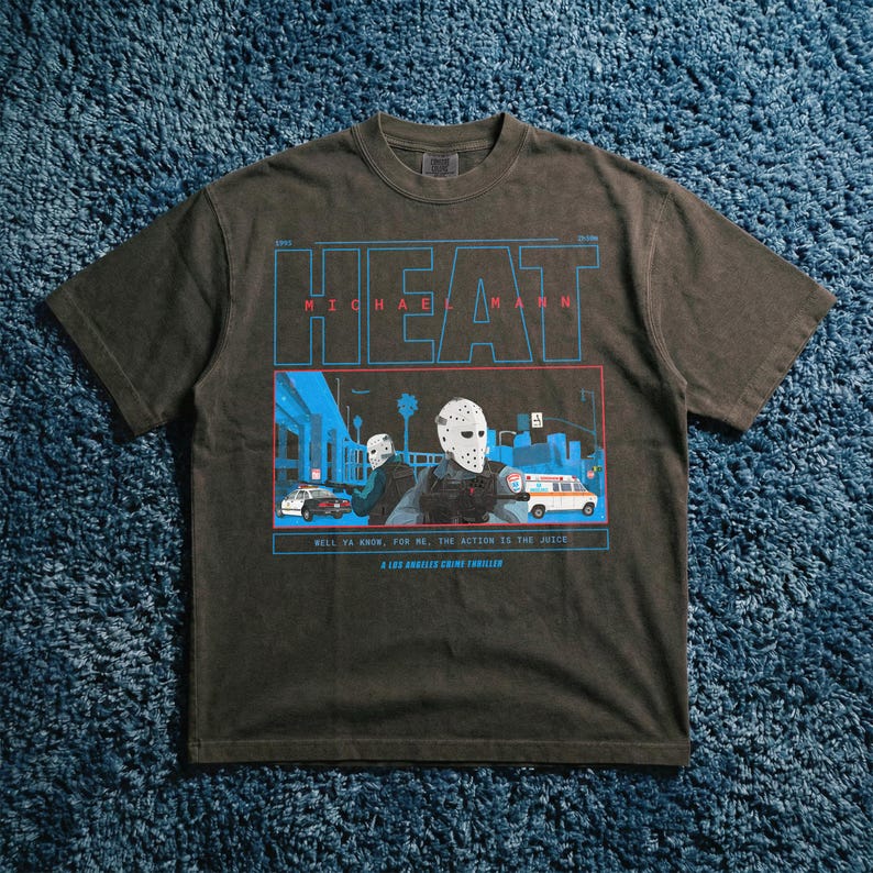 Heat 1995 Retro movie t-shirt, Vintage michael mann bank robbery movie Heat graphic tee on washed black t-shirt for men and women