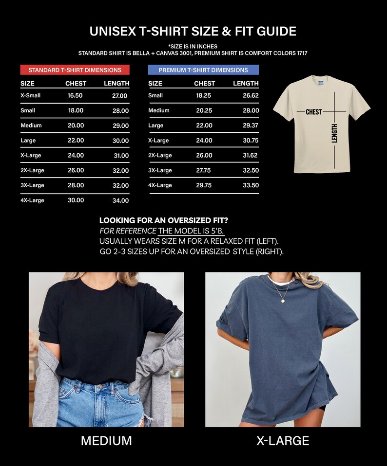 May include: A unisex t-shirt size and fit guide with chest and length measurements in inches. The guide includes standard and premium t-shirt dimensions, with sizes ranging from X-Small to 4X-Large. The image also shows a model wearing a medium and an X-Large shirt.