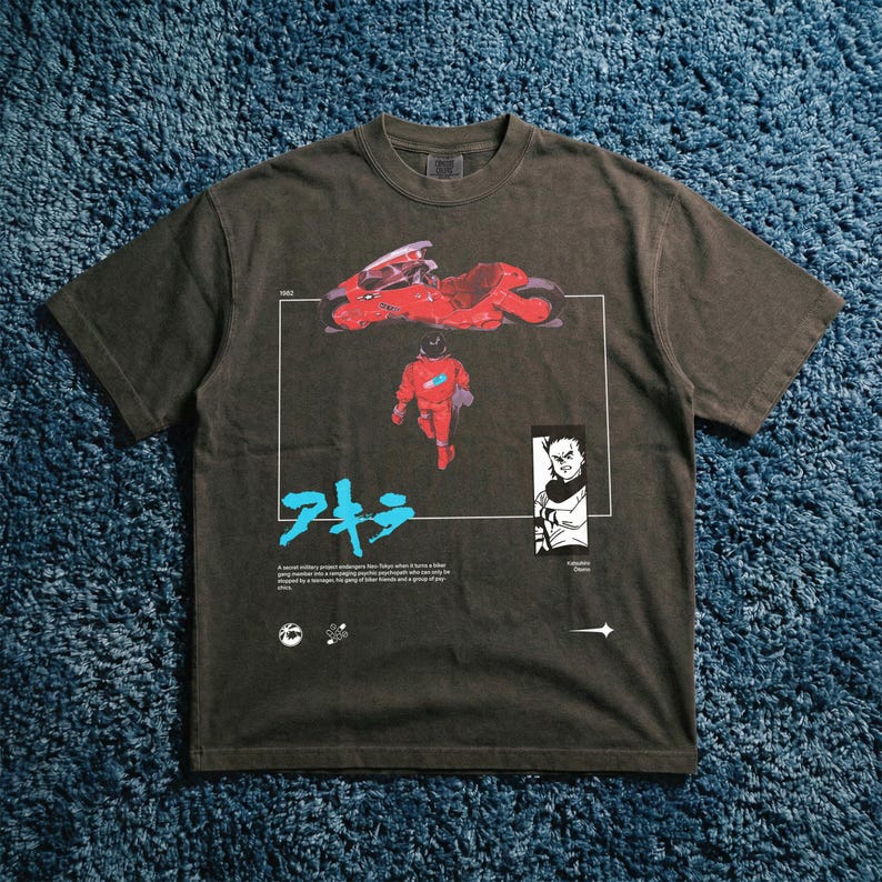May include: Dark gray t-shirt featuring a red motorcycle and a figure in a red suit, with Japanese text and illustrations. The shirt has a vintage look and feel, with a crew neck and short sleeves.