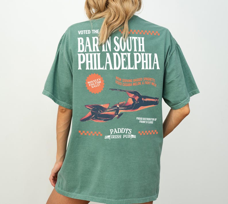 Funny always sunny tv show t-shirt, faded green comfort colors unisex its always sunny in Philadelphia retro paddy's Irish pub bar shirt with front and back print for men and women