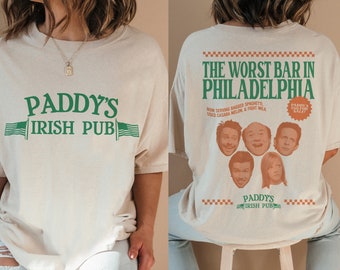 Altijd zonnig shirt, front back Paddy's Pub Irish Bar grafisch T-shirt, het is altijd zonnig in Philadelphia TV Show Merch Memorabilia