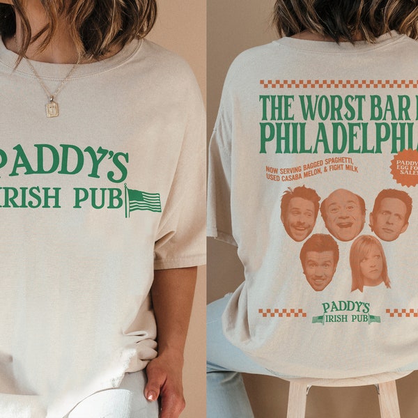 Immer sonniges Shirt, Vorderseite hinten Paddy's Pub Irish Bar Grafik-T-Shirt, Es ist immer sonnig in Philadelphia TV-Show Merch Erinnerungsstücke