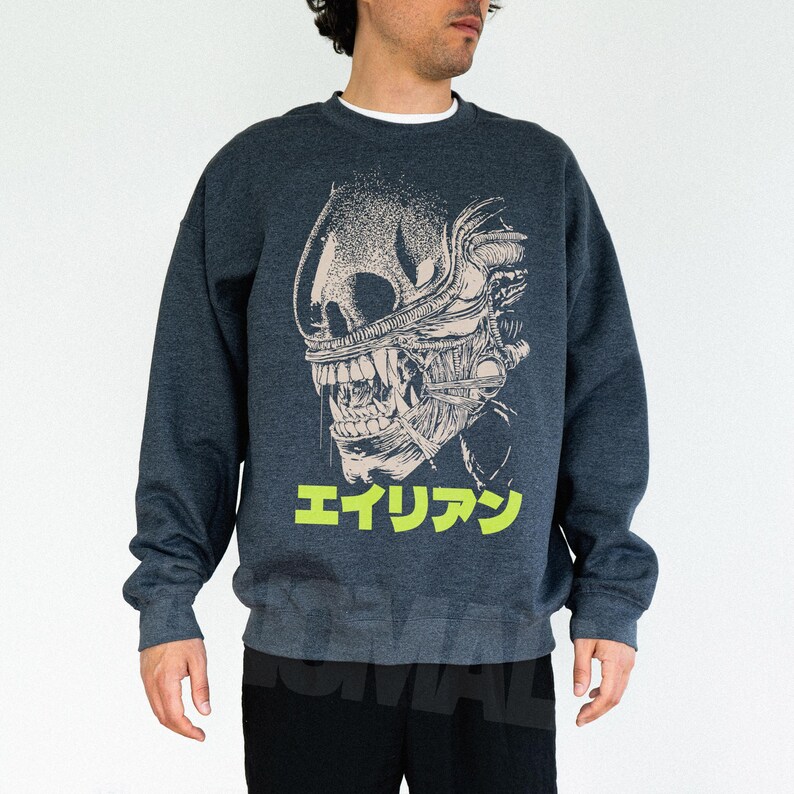 Retro original Alien movie sweatshirt, unisex sci-fi horror movie crewneck sweatshirt with Japanese movie poster text and streetwear style design on an oversized dark heather gray sweater