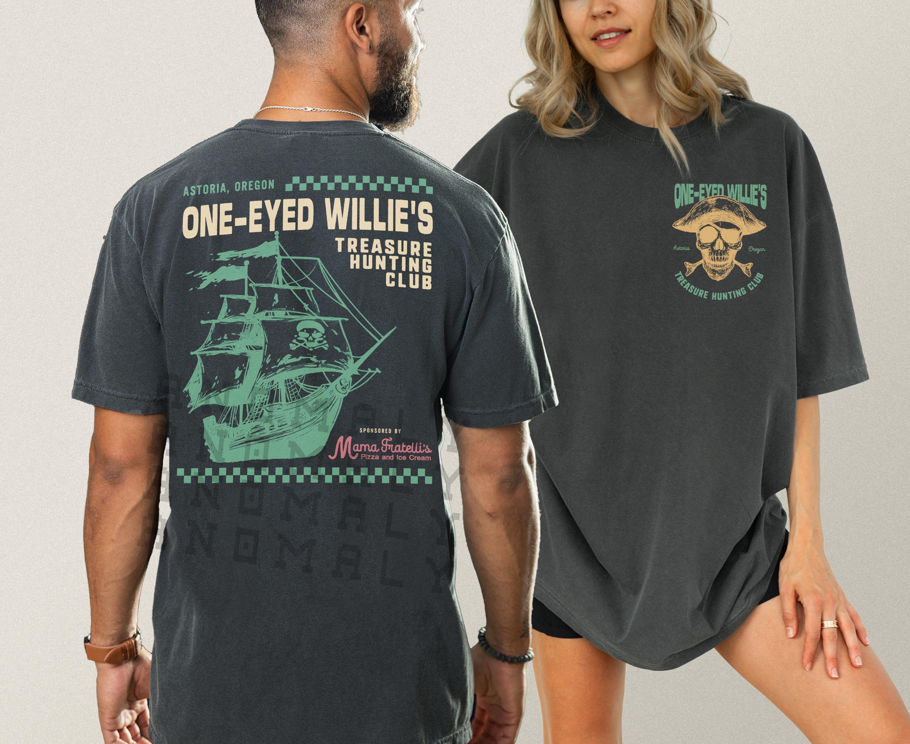 One-Eyed Willies Treasure Hunt Shirt, Retro 80s Movie Graphic Tee Shirt, Truffle Shuffle Never Said Die Goonie Shirt for Men & Women