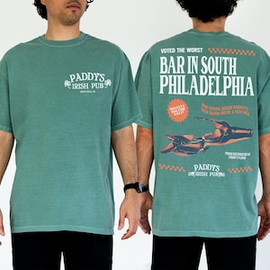 Funny always sunny tv show t-shirt, faded light green comfort colors unisex its always sunny in Philadelphia retro paddy's Irish pub bar shirt with front and back print for men and women