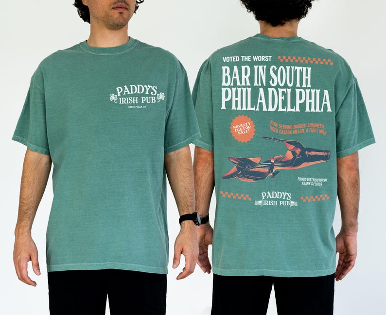 Funny always sunny tv show t-shirt, faded light green comfort colors unisex its always sunny in Philadelphia retro paddy's Irish pub bar shirt with front and back print for men and women