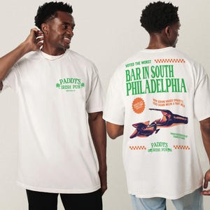 Funny always sunny tv show t-shirt, white and green unisex its always sunny in Philadelphia retro paddy's Irish pub bar shirt with front and back print for men and women