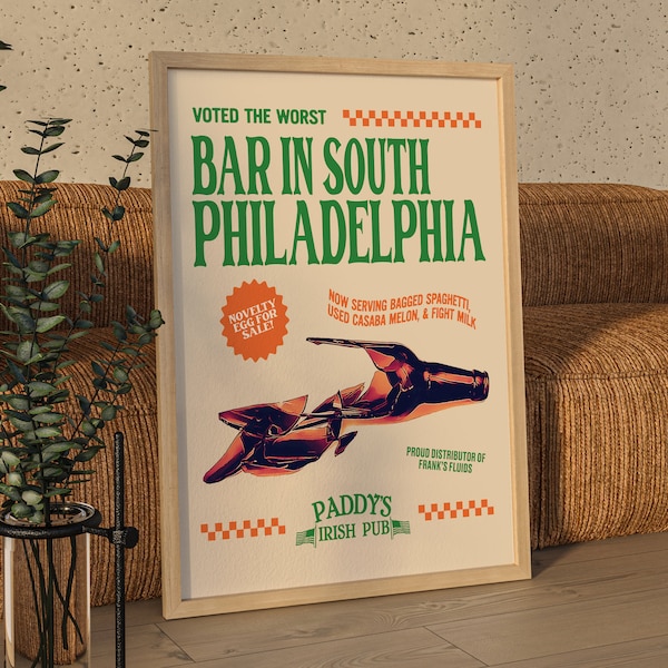 It's Always Sunny in Philadelphia Poster Wall Art Print, Funny Retro Style Paddy's Irish Pub Restaurant Print, TV Show Kitchen Decor