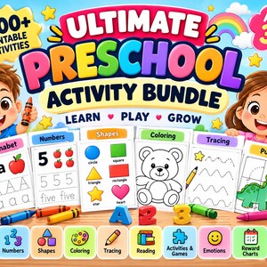 Könnte beinhalten: Ein Ultimate Preschool Activity Bundle als digitaler Download mit Illustrationen von Kindern, über 1000 druckbaren Aktivitäten und Lernblättern für 3- bis 5-Jährige, darunter Alphabet, Zahlen, Formen, Ausmalbilder, Nachspuren und Puzzles.