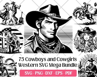 Paquete SVG de vaquera y vaquera · Imágenes prediseñadas PNG de rancho de rodeo del oeste · Cricut