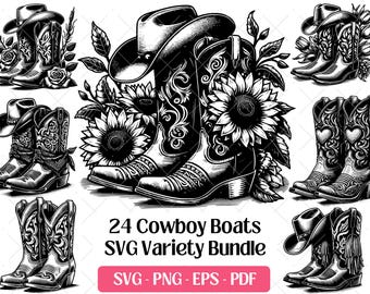 Paquete de archivos SVG de botas de vaquero · Imágenes prediseñadas PNG de rodeo del oeste · Cricut
