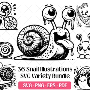 Paquete SVG de caracol para cortar y grabar con láser (archivos PNG), diseño de silueta de caracol, cara de caracol bebé (SVG), arte vectorial de caracol de jardín